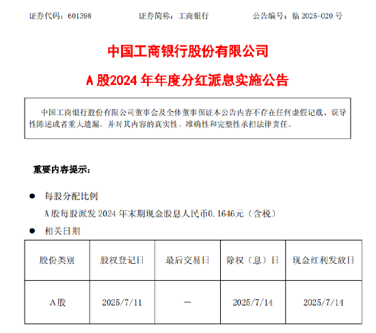 工商银行：A股每股派发2024年末期现金股息0.1646元（含税）